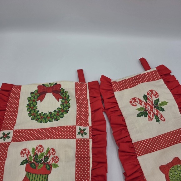 VTG 80's 2~ Handmade Christmas Stockings Bells Candy Canes Wreaths Ruffles Red - Picture 7 of 12